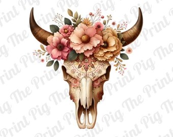 Archivo PNG de descarga digital de calavera de vaca boho, PNG floral boho, diseños de impresión de camisetas, diseños de impresión sublimada, arte de calcomanías de otoño, vaquera