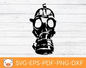 May include: Black and white silhouette of a gas mask with a filter and a strap.