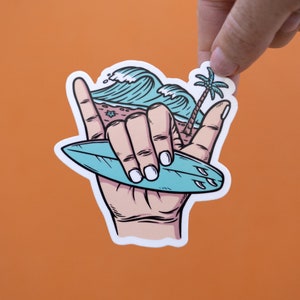 Shaka Surfing Sticker | Glossy White Vinyl Sticker | Surfboard | Hang Loose Sign | Right On | Laptop Sticker | VanLife | Adventure Decal