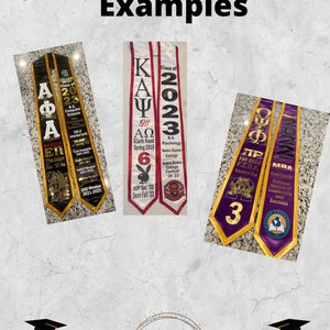 May include: Three graduation stoles with gold trim and different colors and designs. The stoles are decorated with text, logos, and symbols. The stoles are on a gray background.