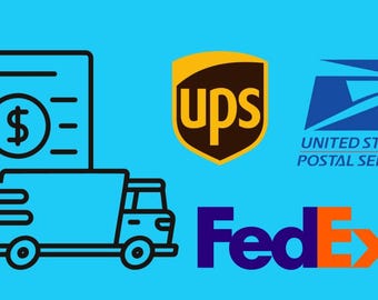 Op de afbeelding: Illustratie van een bestelwagen met een document waarop een dollarteken staat, naast de logo's van FedEx, UPS en de United States Postal Service.