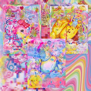 May include: A collage of three colorful digital paintings featuring cartoon characters and Japanese text. The paintings are filled with bright colors, including pink, blue, yellow, and green. The text in the images reads "あ そんな日を みんなちがうんですよ。 花が咲く時頭は BUT SHOUL LETT BOT YOU CD 1500- ৫".