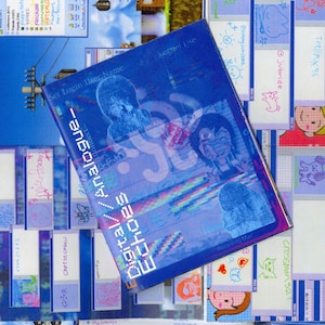 May include: A rectangular blue book cover titled Digital/Analogue Echoes in white pixelated font. The cover features a collage of blue-toned illustrations, including a person with a headset, a stylized character, and various digital interface elements.