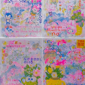 May include: A collage of four panels with a colorful, whimsical aesthetic. Each panel features illustrations of cartoon characters, flowers, and handwritten text in English and Japanese. The color palette includes pink, blue, yellow, and green, creating a vibrant and playful design.