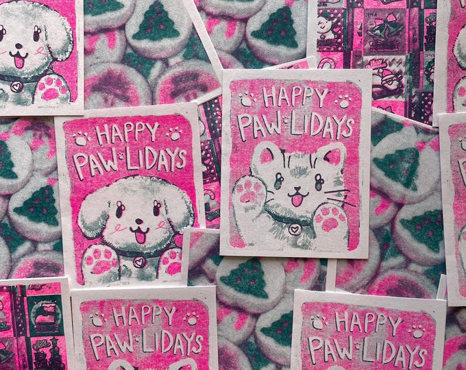 kawaii winter holiday risograph greeting cards