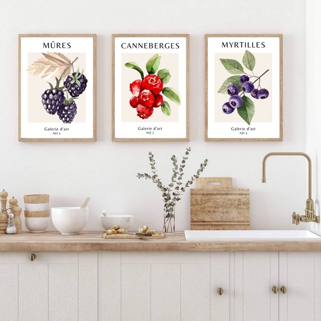 Kitchen Wall Art Fruit Prints Set of 3 French Fruit Art Etsy