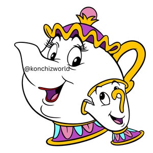 May include: A cartoon illustration of Mrs. Potts, a teapot with a purple lid and yellow handle, and Chip, a teacup with a yellow handle. Mrs. Potts has a big smile and large eyes. Chip is smiling and has a single tooth. The text "@konchizworld" is below Mrs. Potts.