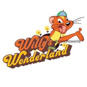 Puede incluir: Una ilustración de dibujos animados de un gato con un sombrero verde y una camisa amarilla con el texto "Willy's Wonderland" y el nombre de usuario de las redes sociales "@konchizworld".