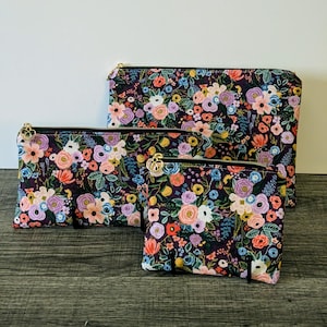 Pochette à fermeture éclair en coton à fleurs bordeaux, trousse de maquillage en tissu rouge foncé, porte-monnaie, trousse