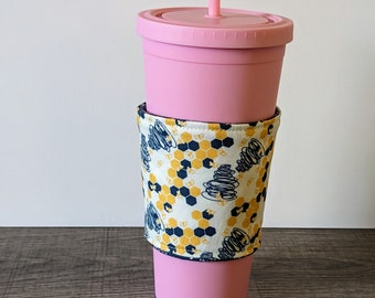 Honey Bee Cotton Cup Cozy, Fabric Continuous Reversible Fabric Cup Sleeve