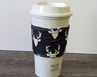 Navy Buck Cotton Coffee Sleeve, Reversible Continuous Fabric Cup Cozy