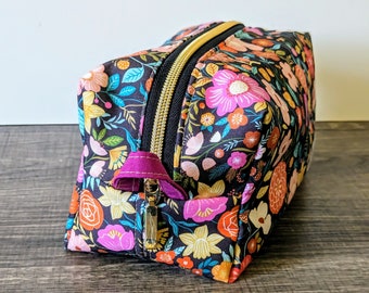 Bright Floral Boxy Bag, Large Toiletry Bag, Fabric Makeup Bag