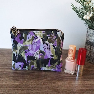Petit porte-monnaie en coton abstrait violet avec fermeture à glissière, porte-cartes en tissu