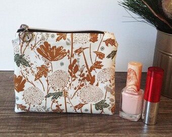 Small Cream Floral Cotton Zipper Pouch Coin Purse, Fabric Card Holder