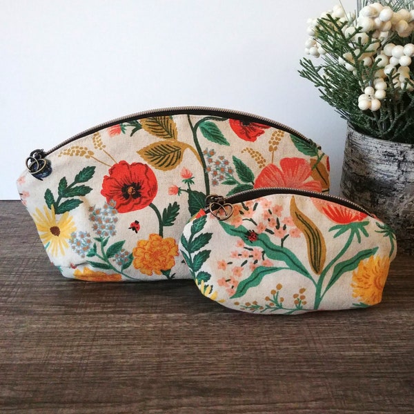 Floral Natural Canvas Toiletry Cosmetic Bag, Fabric Zipper Pouch