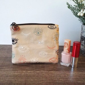 Petit porte-monnaie en coton beige clair avec fermeture à glissière, porte-cartes en tissu