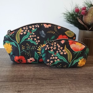 Trousse de toilette en toile à fleurs noire, pochette en tissu à fermeture éclair