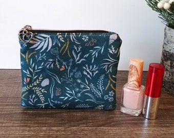Small Teal Cotton Zipper Pouch Coin Purse, Seaweed Print Fabric Card Holder