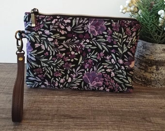 Portefeuille avec bracelet en toile à fleurs mauve, pochette décontractée foncée à fermeture éclair