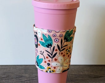 Modern Floral Cotton Cup Cozy, Fabric Continuous Reversible Fabric Cup Sleeve