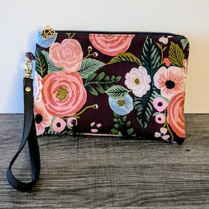 Portefeuille avec bracelet en toile à fleurs bordeaux, pochette décontractée à fermeture éclair en tissu