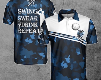 Swing Swear Drink Repeat Custom Name Camo Men's Polo Shirt S-5XL