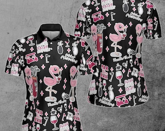 Flamingo Golf And Wine In Black Seamless Funny Women 3D Women Polo Size S-5XL