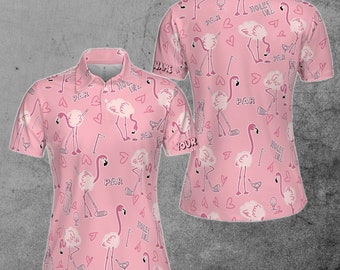 Cute Flamingo Playing Golf Pattern Golf Team Women's Polo Shirt S-5XL