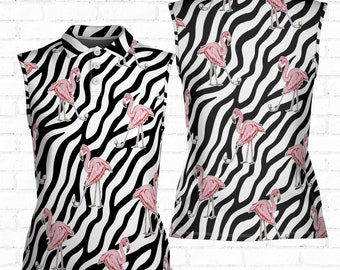 Flamingo Golfing Zebra Pattern Girl Love Golf 3D Women Sleeveless Polo Size XS-4XL