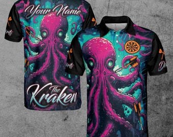 Nombre personalizado Luz de neón Kraken jugando dardos Polo para hombre S-5XL