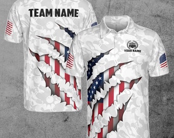 Custom Name Team Name American Flag Bowling Men's Polo Shirt S-5XL