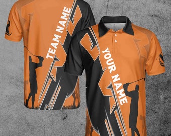 Name Team Schwarz Orange Golfer Silhouette Herren Polo-Shirt S-5XL