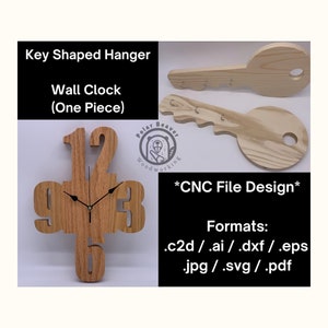 May include: A wooden wall clock shaped like the numbers 9, 1, 2, 3, and 6. The clock is made of light brown wood and has black hands. The clock is a CNC file design and is available in formats such as .c2d, .ai, .dxf, .eps, .jpg, .svg, and .pdf.