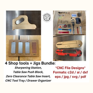 Może przedstawiać: Zestaw czterech narzędzi i przyrządów do obróbki drewna, w tym stacja ostrzenia, blok do przesuwania piły stołowej, wkładka do piły stołowej z zerową tolerancją i taca na narzędzia CNC lub organizer szuflad. Projekty plików CNC są dostępne w formatach c2d, ai, dxf, eps, jpg, svg i pdf.