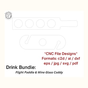 May include: A digital design file for a drink bundle, including a flight paddle and a wine glass caddy. The design is in black and white and includes the text "Drink Bundle: Flight Paddle & Wine Glass Caddy".