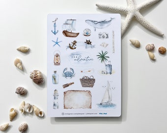 May include: A sheet of watercolour stickers featuring nautical themes. The stickers include a sailboat, a whale, a lighthouse, a crab, a compass, an anchor, a bottle with a message, a suitcase, a palm tree, a lantern, a ship, a seashell, a camera, a map, and a basket. The stickers are on a white background and have a blue and brown colour scheme. The text "SEA adventure" is written on the sheet.