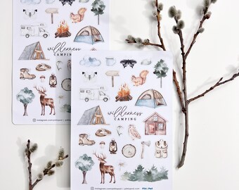 Watercolor Camping Stickers: Woodland Planner Stickers (5x7" Sheet)