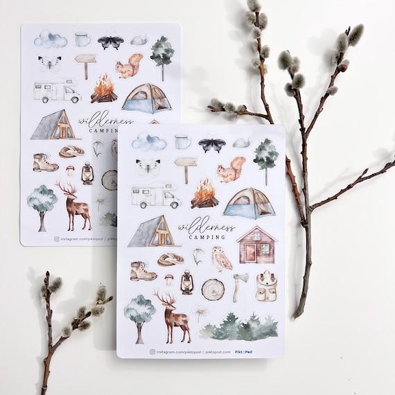 Watercolor Camping Stickers: Woodland Planner Stickers (5x7" Sheet)