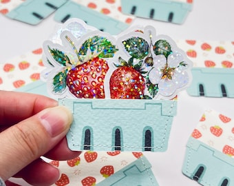 Glitter Strawberry Stickers: Basket Set with Sewn Paper Pocket