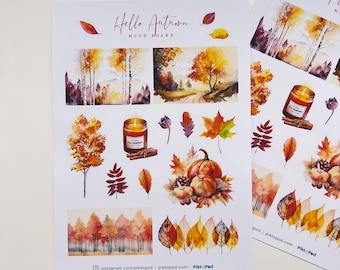 May include: Two sheets of stickers with an autumn theme. The stickers feature watercolor illustrations of fall foliage, pumpkins, candles, and the text "Hello Autumn Mood Board". The color palette includes warm oranges, browns, and yellows.