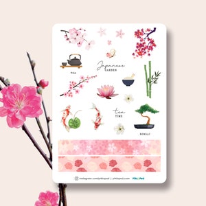 May include: A sheet of stickers featuring Japanese garden themed illustrations. The stickers include a teapot, cherry blossoms, koi fish, a bonsai tree, bamboo, a lotus flower, and a bowl of rice. The stickers are printed on white paper with a pink and white floral pattern.