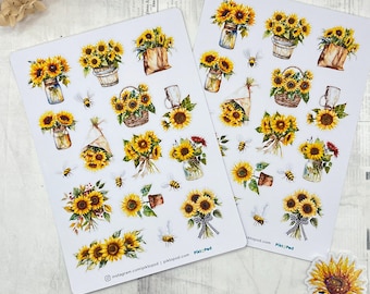 Puede incluir: Dos hojas de pegatinas con ilustraciones de acuarela de girasoles en jarrones, cestas y ramos, junto con abejas. Las pegatinas tienen una paleta de colores amarillo y verde brillante. La parte inferior de las pegatinas tiene el texto "instagram.com/piktapod | piktapod.com Pikt:Ped".