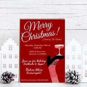May include: Red Christmas party invitation with white text. The invitation reads "Merry Christmas! Hosted by The Martin's" and includes the date, time, and address of the party. The invitation also encourages guests to wear festive attire.