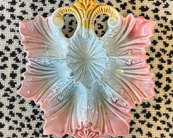 Antique RARE French Majolica Russian Imperial Eagle Shield Oyster Plate // Circa 1880-1890 // Grandmillennial // Coastal