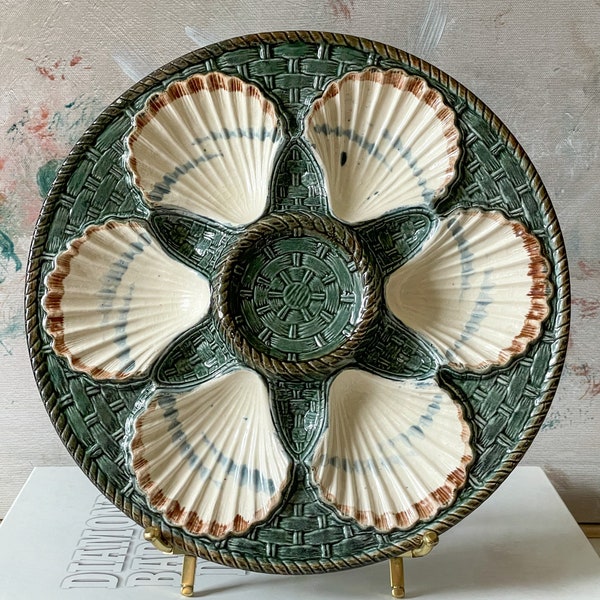 Antique Longchamp Green Basketweave Majolica Oyster Plate // Circa 1890 // Made in France // French Majolica  //Grandmillennial // Coastal
