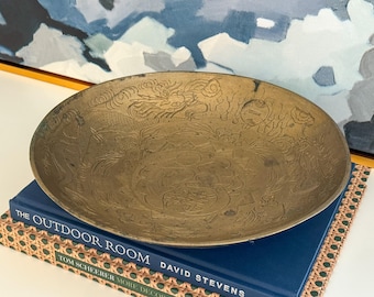 Antique Hand Etched Engraved Solid Brass Chinese Bowl // Flying Dragon // Chinoiserie // Grandmillennial