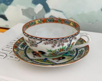 Antique Chinese Export Rooster Tea Cup and Saucer Set – Hand Painted Chinoiserie