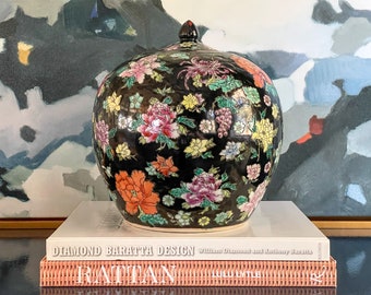 Vintage Large Colorful Floral Melon Jar // Famille Noir // Chinoiserie // Grandmillennial