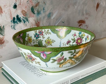 Vintage Large Colorful Floral Bowl with Gold Gilt Details // Chinoiserie // Grandmillennial