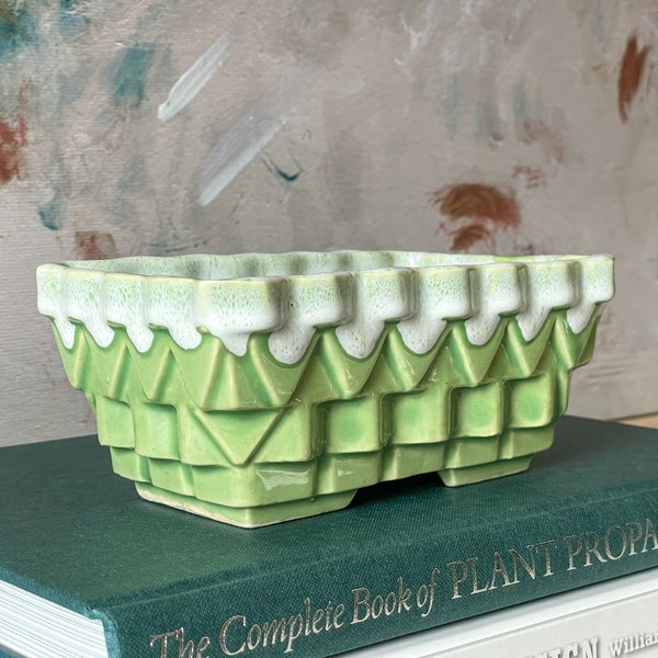 Vintage Small Green and White Drip Glaze Ungemach Pottery Company UPCO Cachepot Planter // Mid Century Modern // Geometric